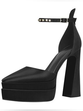 Black Platform Ankle-Strap Pump with Gem Accent